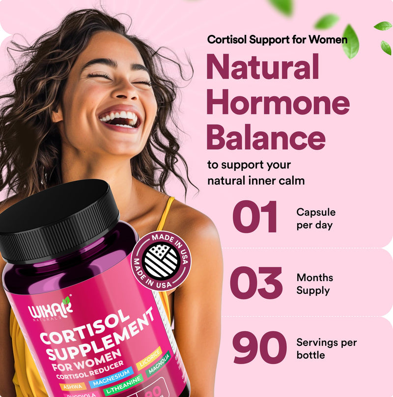 WIXAR Cortisol Supplements for Women with Ashwagandha, Magnesium, L-Theanine, Rhodiola Rosea - for High Cortisol Balanace Manager - for Sleep Support, Mood & Focus Supplement - 90 Capsules