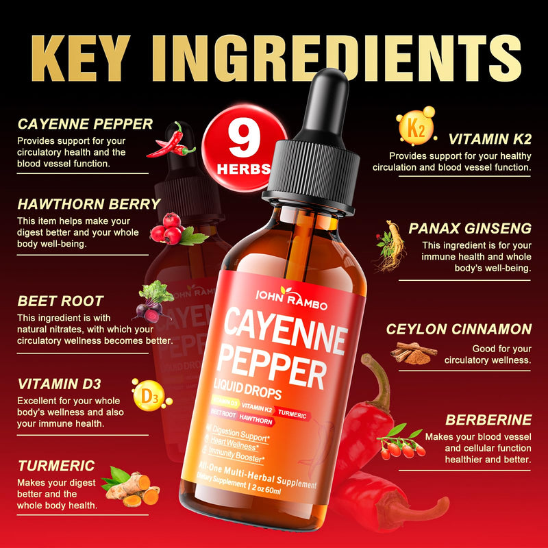 [Australia] - Cayenne Pepper Liquid Drops, Organic Cayenne Pepper Extract with Hawthorn Berry, Beetroot, Turmeric, Vitamin K2 & D3 Supplement for Immune Support, Circulation & Overall Wellness, Gluten Free, 2 Fl Oz 