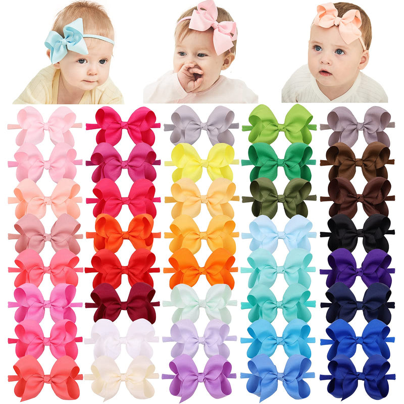 jollybows 40pcs 4inches Baby Girls Grosgrain Ribbon Hair Bows Headbands Nylon Elastic Hair Band Hair Accessories for Infants Newborn 2- 40pcs nylon bows for baby girls