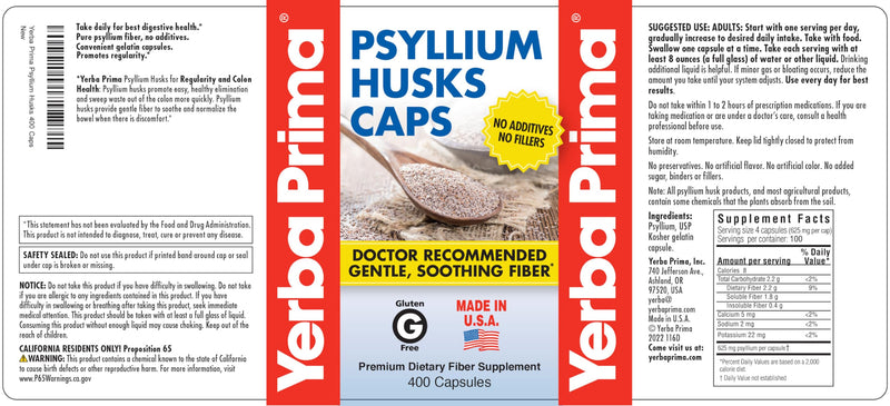 [Australia] - Yerba Prima Psyllium Husks Caps, 625 mg, 400 Capsules - Natural Fiber for Men and Women - Regularity Support Supplement 400 Count (Pack of 1) 