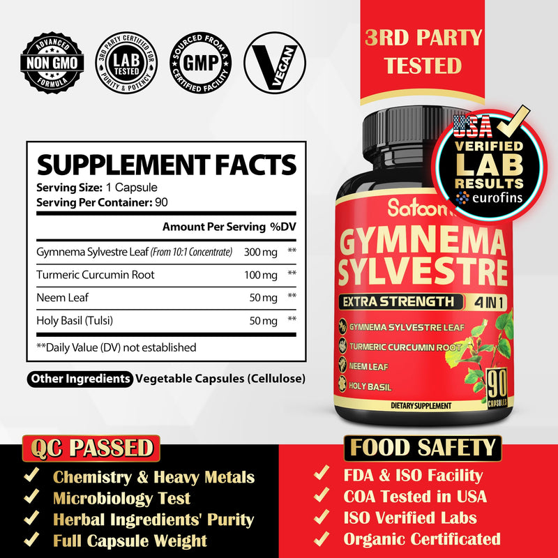 [Australia] - Satoomi Pure Gymnema Sylvestre Capsules Extract - 90 Capsules for 3-Month - Combined with Neem Leaf, Holy Basil & Turmeric Curcumin Root 