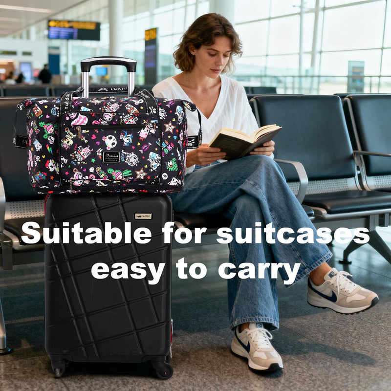 Tokidoki Foldable Duffle Bag for Travel, Airline Approved Weekender Bag | Officially Licensed │ Foldable │ 30-40L Expandable │ 6 Pockets│ Carry-On │ with Trolley Sleeve Black