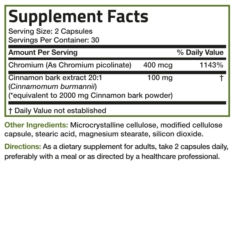 Bronson Cinnamon Plus Chromium Picolinate Supplement, High Potency Chromium, Non-GMO, 60 Vegetarian Capsules 60 Count (Pack of 1)