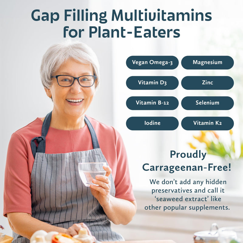 Future Kind Carrageenan-Free Foundations Multivitamin for Women & Men with Omega-3, B12, D3, Zinc, Iodine, Magnesium, K2 & Selenium, Vegan, Compostable Bag (60ct)