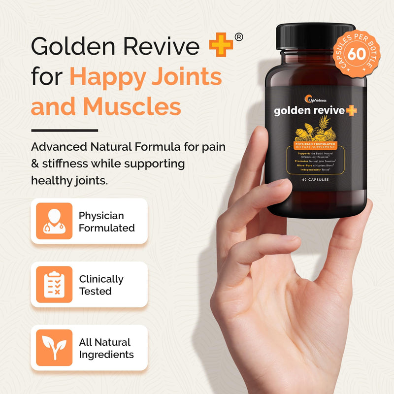 UpWellness Golden Revive + Joint Support Supplement Featuring Turmeric with Black Pepper, Quercetin, and Magnesium- Turmeric Boswellia Supplement - 6 Active Ingredients for Joint Care - 60 Capsules 60 Count (Pack of 1)