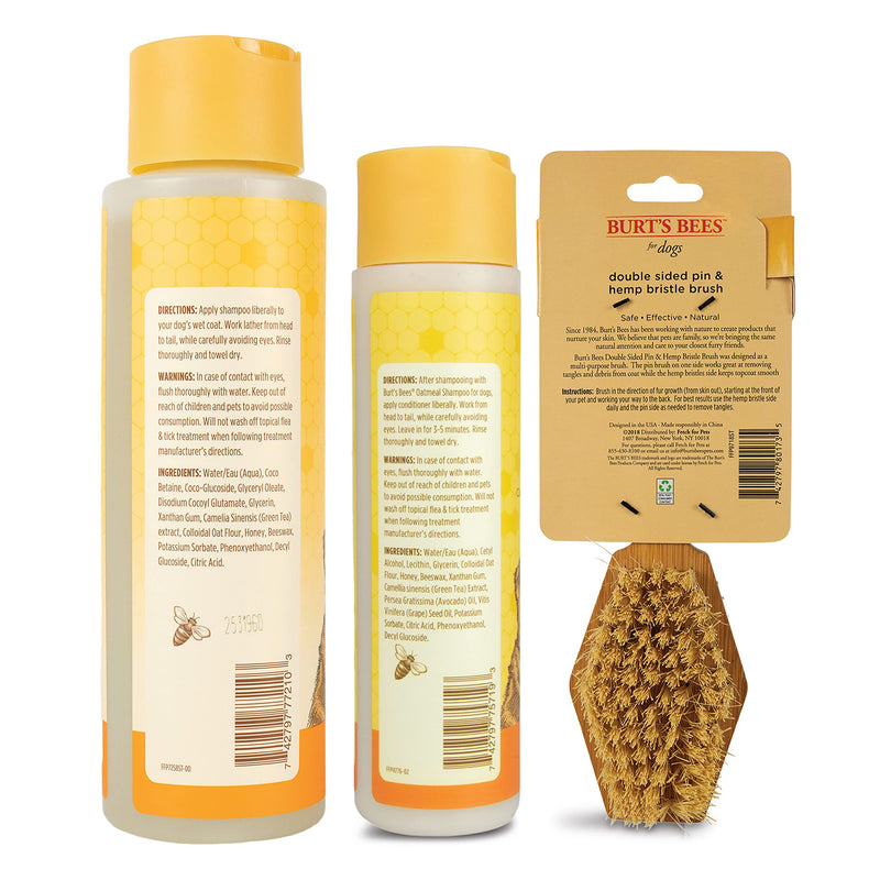Burt's Bees Bundle Oatmeal Grooming Kit | Includes Oatmeal Dog Shampoo and Conditioner with Colloidal Oat Flour and Honey, and Double Sided Pin & Bristle Brush - PawsPlanet Australia