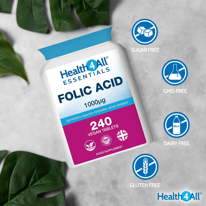 Folic Acid 1000mcg 240 Tablets 8 Month Supply High Strength Vitamin B9 Supports Energy, Blood Formation, Immune System & Pregnancy, Vegan UK Made - Health4All 240 count (Pack of 1)