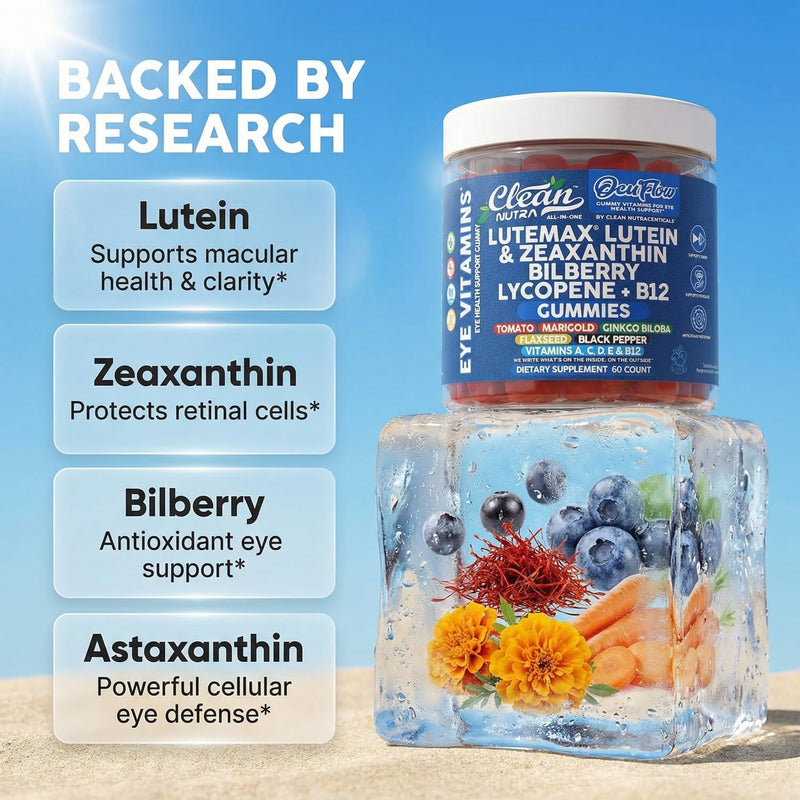 Clean Nutra Lutein and Zeaxanthin Eye Vitamins Gummies + Bilberry for Eyes Vision Support Ginkgo Biloba Marigold, Vitamin B12 Flaxseed Black Pepper CoQ10 Vitamin A l 60 Count B OcuFlow