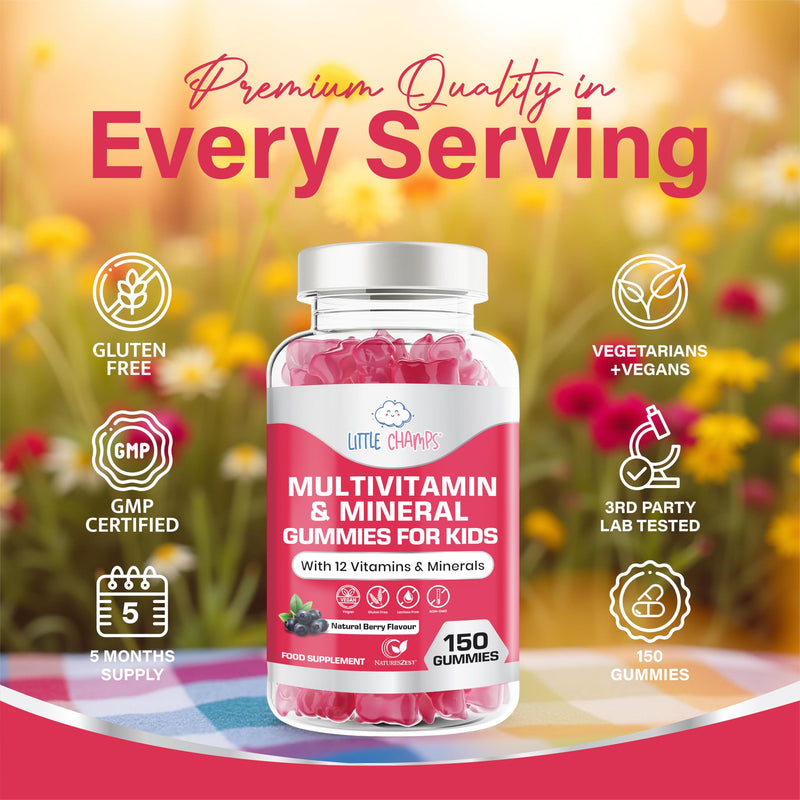 Kids Multivitamin & Mineral Gummies | 150 Chewables Gummies with 12 Essential Vitamins & Minerals | Childrens Multivitamins for Immune Support, Energy & Brain Health | Vegan | Natural Berry Flavour