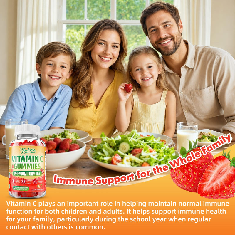 Vitamin C Gummies for Adults, Immune Support Supplement for Energy, 60 Ct | Antioxidant Protection, Non-GMO, Vegan, Sugar-Free, Strawberry Flavor 60 Count (Pack of 1)