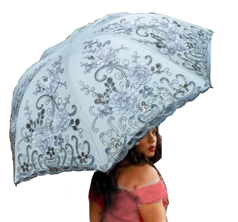 Foldable Lace Parasol Travel Sun Rain Umbrella Compact Anti UV Resistance Princess Sun Umbrella for Women & Girls 3D-Grey