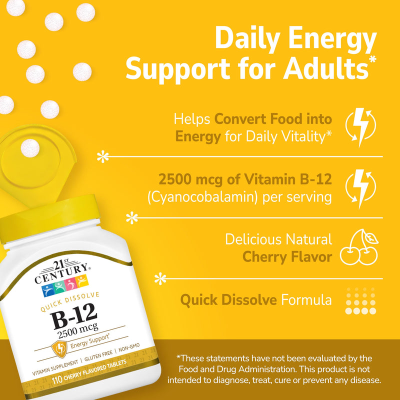 21st Century B-12 2500mcg Sublingual Tablets, High Potency, 110 Count | High-Potency Vitamin B12 2500 mcg, Natural Energy & Healthy Red Blood Cell Support, Vegan, Vegetarian, Third-Party Tested 110 Count (Pack of 1)