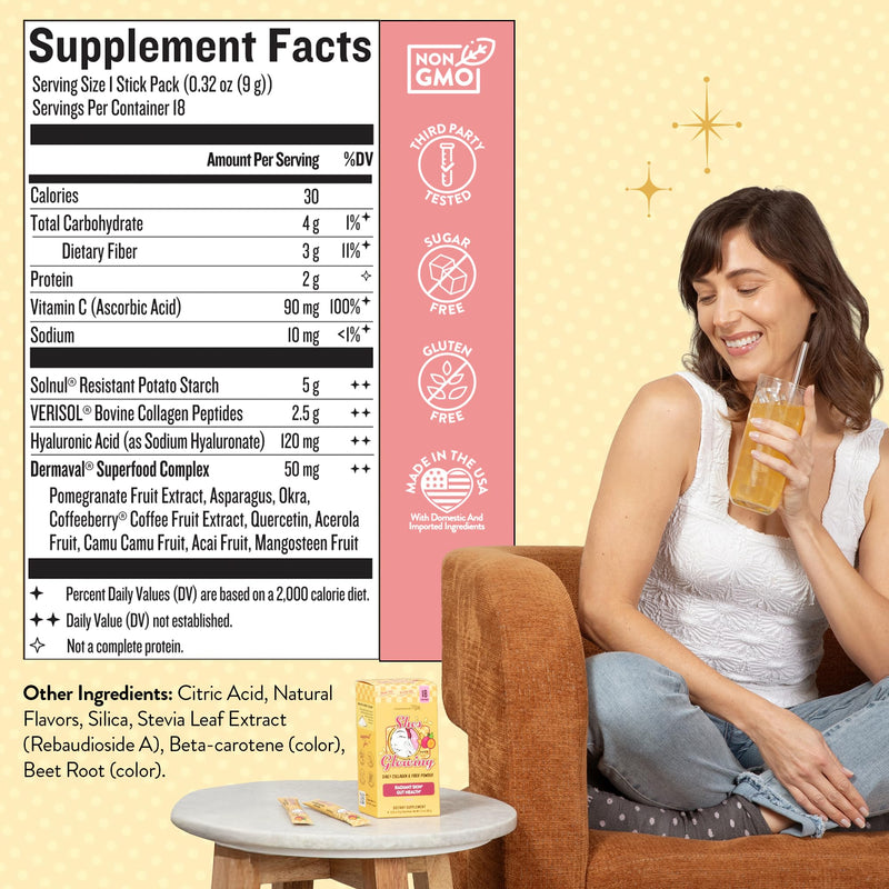 Legendairy Milk She's Glowing Collagen Powder & Prebiotic Fiber, 18 Sticks | Tropical drink mix with VERISOL peptides, Solnul starch & Vitamin C. Sugar-free digestive support for women's daily wellness