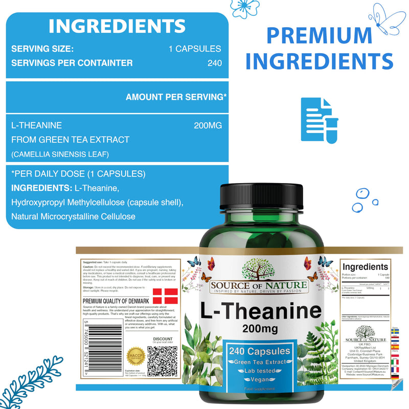 L-Theanine 200 mg – 240 Vegan Capsules – High Strength Amino Acid from Green Tea | 8-Month Supply | 98% Pure, No Additives | Danish Made
