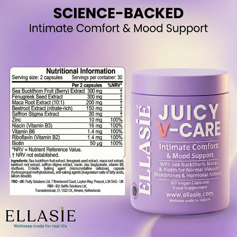 Juicy V Care Capsules Supplement Vaginal Moisture Support and Hormonal Activity Support Biotin for Normal Mucous Membranes Vitamin B6 Zinc Sea Buckthorn Maca Fenugreek Saffron 60 Vegan Caps