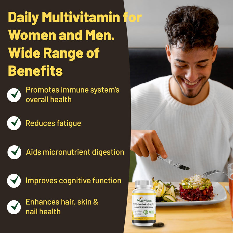 Vegan Vitality Multivitamins & Minerals for Women and Men with High Strength Vitamin B12, D3 & K2. 180 Vegan Multivitamin Tablets - 6 Months Supply. Vitamins for Vegans. Women Multivitamin 1 Count (Pack of 180)