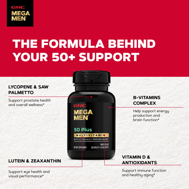 GNC Mega Men 50 Plus Multivitamin for Men | Antioxidants | Heart Health | Prostate and Circulatory Support | 120 Count 120 Count (Pack of 1)