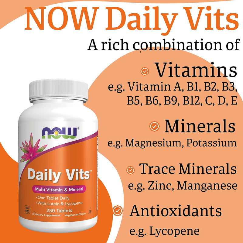 Now Foods, Daily Vits, Multivitamin, 250 Vegan Tablets, Lab-Tested, Gluten Free, Soy Free, Vegetarian, Non-GMO