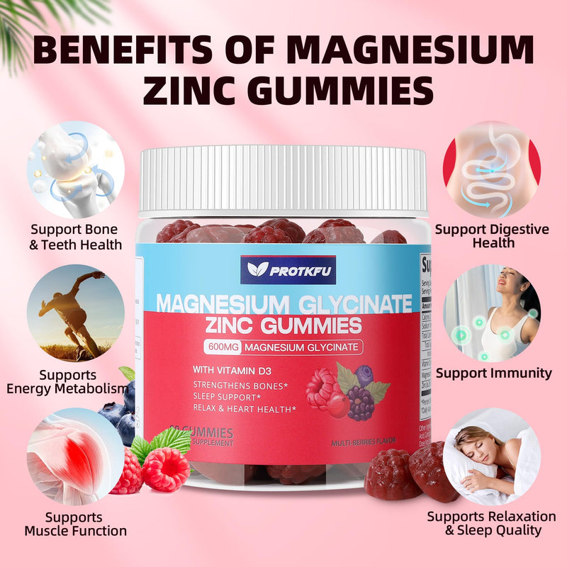 600mg Magnesium Glycinate Gummies, 90 Count | Sugar Free Magnesium Supplement w/Zinc & Vitamin D3, Vegan Non-GMO Magnesium Gummies for Bone, Muscle & Nerve Health 90 Count (Pack of 1)