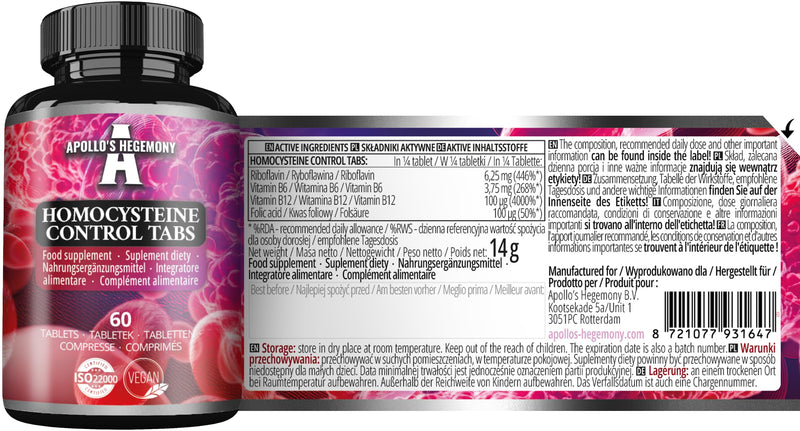 Homocysteine Control - B Vitamins Complex - 60 Vegan Tablets | 240 Servings - Homocysteine Metabolism & red Blood Cells - by by Apollo's Hegemony