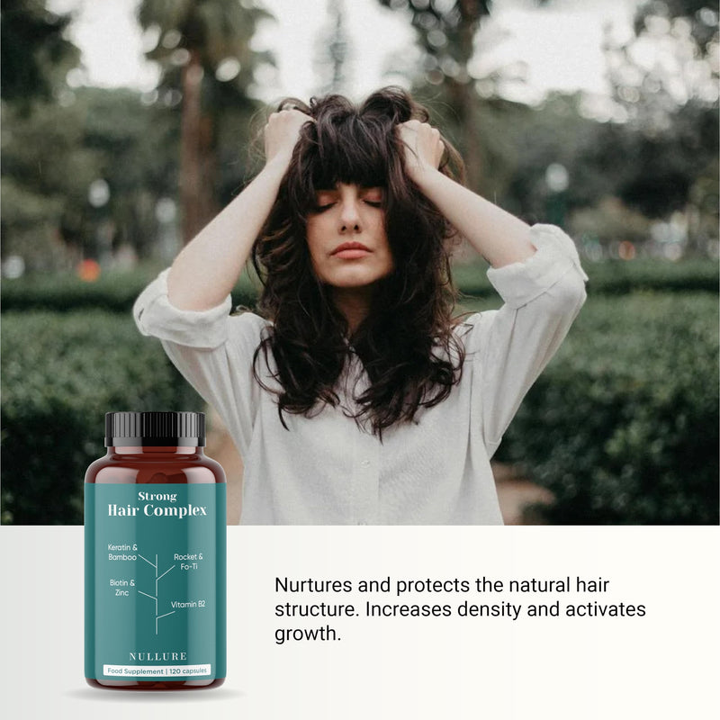 Nullure Natural Hair Growth Supplement | Hair Vitamins | Hair Growth Booster · Hair Loss Action · Strength and Shine | Biotin + Keratin + Zinc + Fo-ti + Bamboo + Vitamin B2 | 120 Capsules (2 Months)