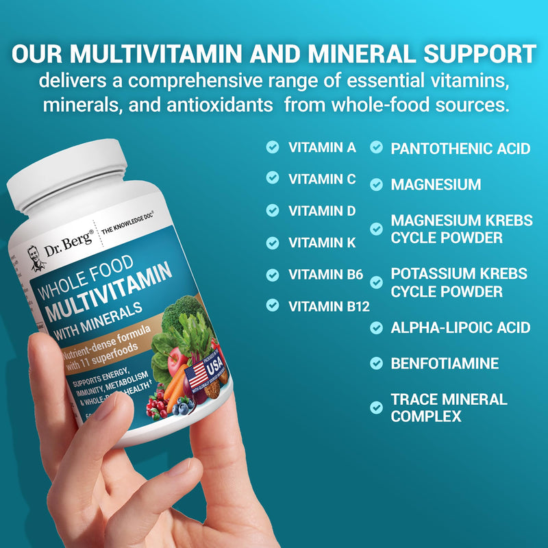 Dr. Berg Whole Food Multivitamin with Minerals - Daily Multivitamin for Men and Women - Includes Premium Whole Food Fruits and Vegetable Blend with Folate, Alpha-lipoic Acid and More - 60 Capsules Multivitamin & Mineral Support