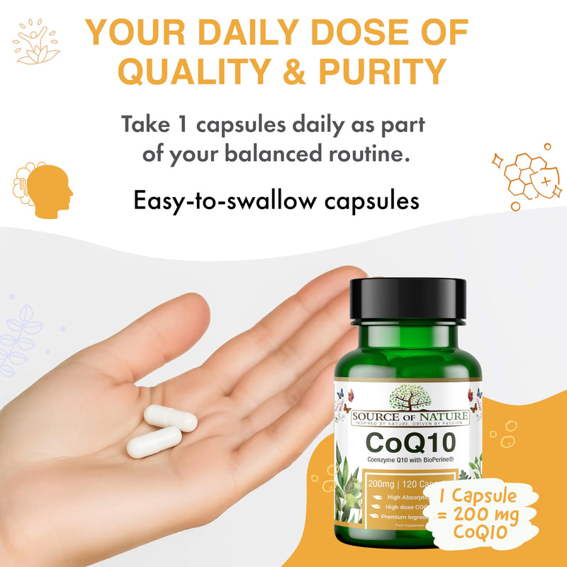 Source of Nature® Coenzyme Q10 200mg - 120 Vegan Capsules (4-Month Supply) | Naturally Fermented Bioidentical Ubiquinone | High Strength & 99% Pure | with BioPerine® Black Pepper Extract
