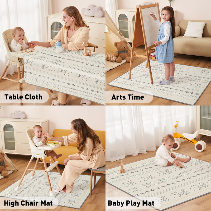 [Australia] - Baby Splat Mat for Under High Chair 51 x 51 Inch Waterproof and Washable Splash Mat Anti-Slip Floor Protector Under Highchair Mess Prevention (51" x 51", Beige Geometry) 51" x 51" 