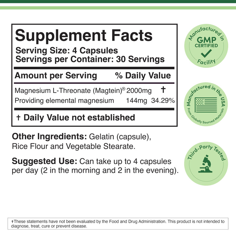[Australia] - Magnesium L Threonate, Magtein, Sleep and Cognitive Support ‚Äì High Absorption ‚Äì Most Bioavailable Form of Magnesium ‚Äì 2,000 mg ‚Äì 120 Capsules 