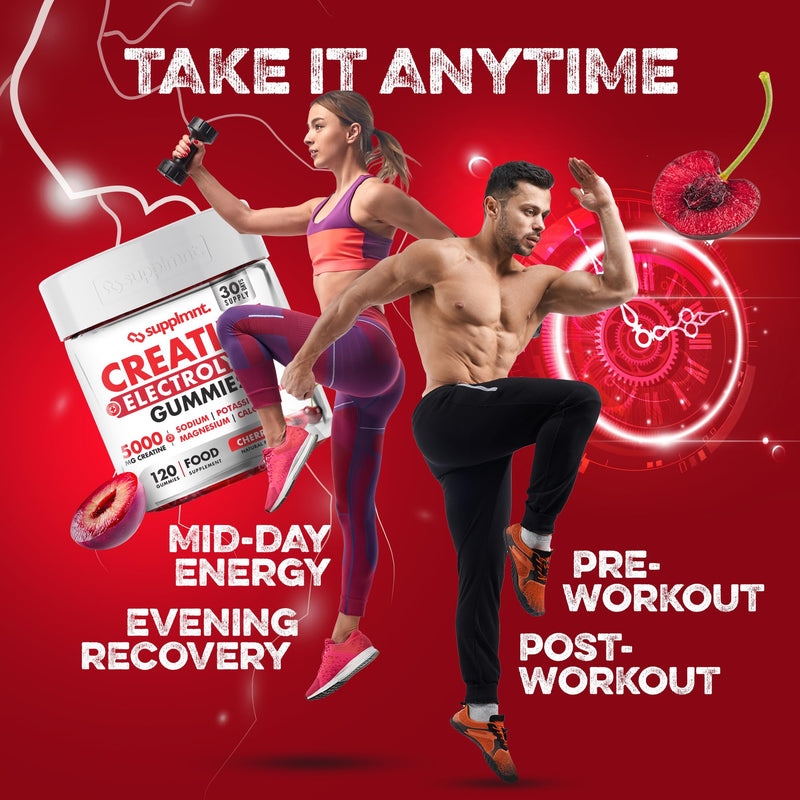 Supplmnt. Creatine Gummies with Electrolytes, 5000mg Creatine Monohydrate, Cherry Flavour, 120 Gummies, Vegan, Gluten-Free, Non-GMO, Food Supplement, 30-Day Supply
