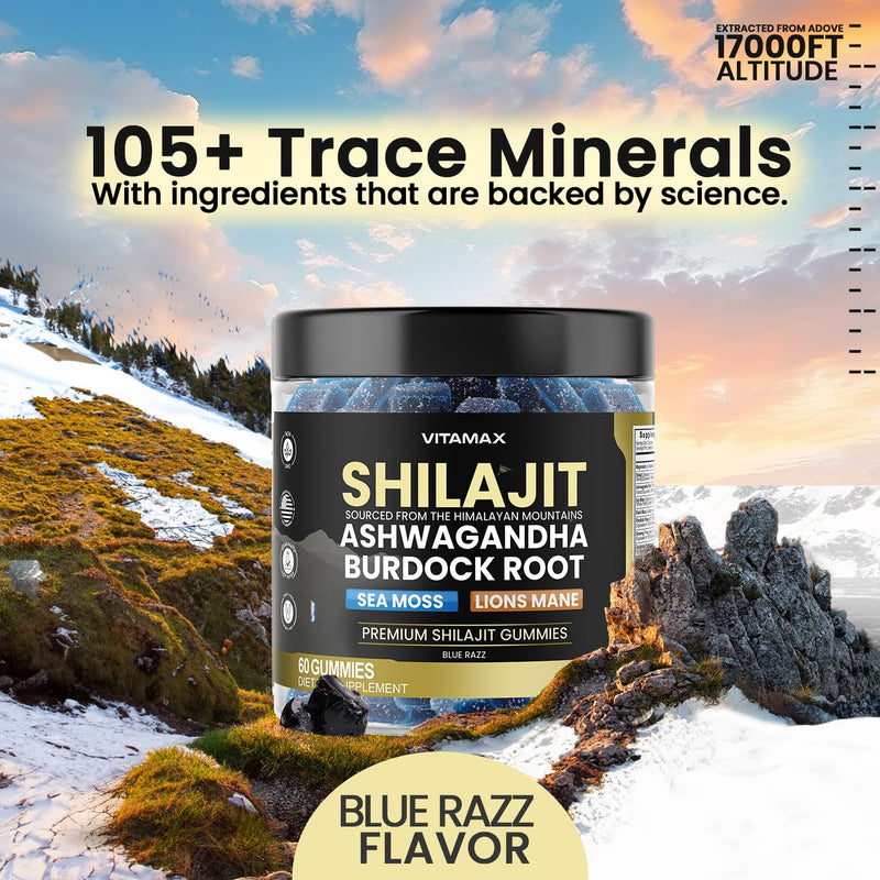 [Australia] - Organic Shilajit Gummies, Sea Moss, Ashwagandha, 105+ Trace Minerals ‚Äì Organic Burdock Root & Lions Mane Mushroom - Blue Razz ‚Äì Vegan & Non-GMO ‚Äì Made in USA ‚Äì 60ct 