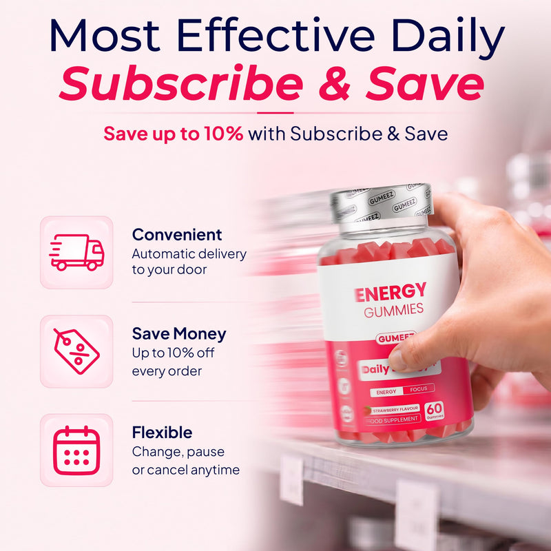 Energy Gummies, Daily Energy and Focus with Caffeine and L- Theanine, Strawberry Flavour, Vegan, 60 Gummies