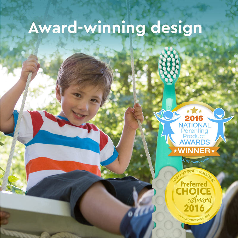 RADIUS Children's Toothbrush, Totz Plus Brush, Extra Soft Bristles, White/Green/Lightblue, BPA Free & ADA Accepted, for Delicate Teeth & Gums for Children 3 Years & Up, Pack of 3 Bluewhite/ Greenyellow / Blueblue 3 Count (Pack of 1)