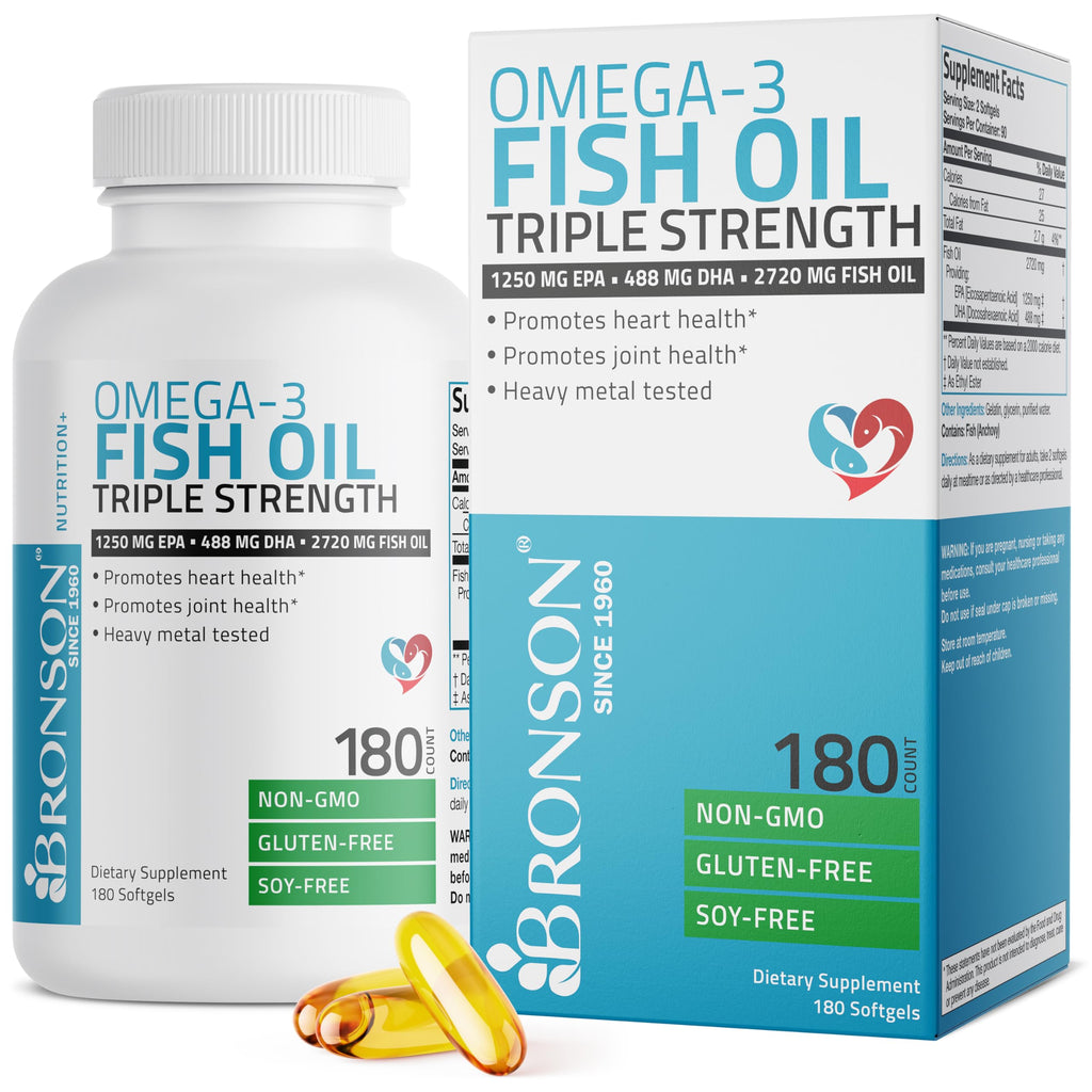 Bronson Omega 3 Fish Oil Triple Strength 2720 mg, High EPA 1250 mg DHA 488 mg, Non-GMO Heavy Metal Tested, 180 Softgels 180 Count (Pack of 1)