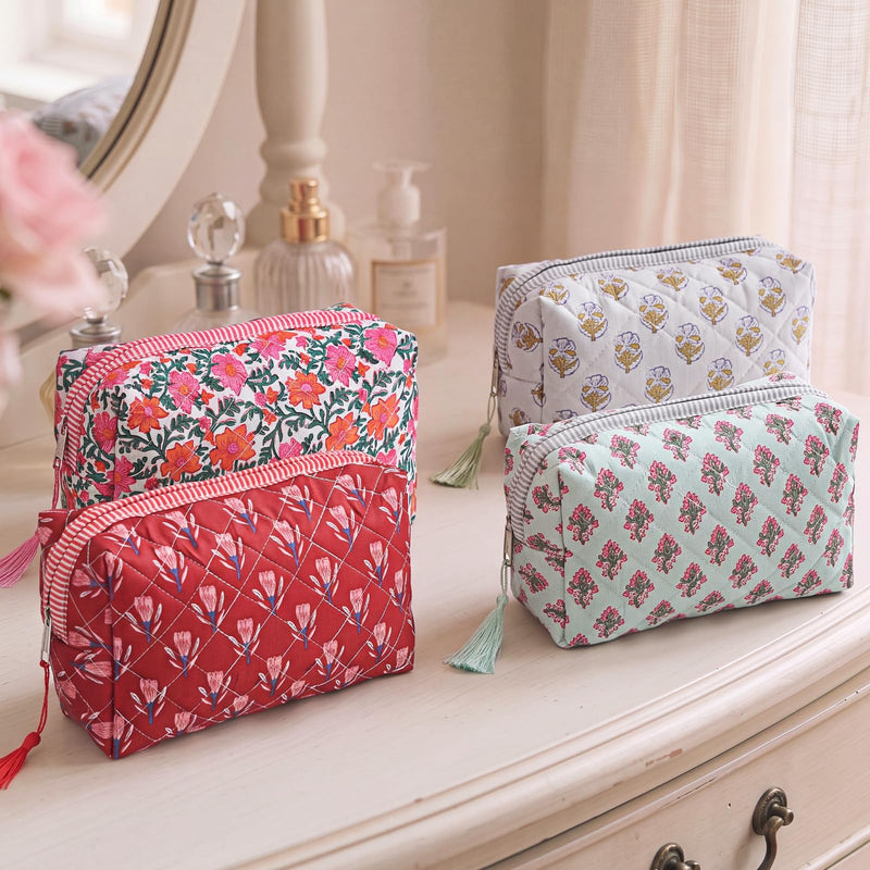 Kacctyen 12 Pcs Block Print Makeup Bags Cotton Quilted Blue Toiletry Makeup Bag with Tassel Flower Pouch Emergency Travel Toiletry Bridesmaid Engagement Bridal Shower Gift for Women (Pink Ditsy) 6 Pink Ditsy