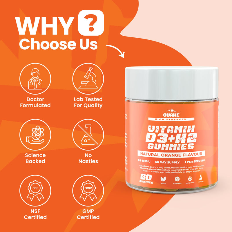 Quake Vitamin D3 + K2 Gummies 4000 IU (100µg) D3 & MK-7 - High Strength Vegan Vitamin D Gummies for Immune Support, Bones & Daily Health - Orange Flavour - 60 Gummies (60 Day Supply)