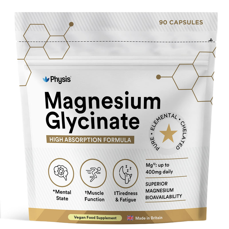 Physis Magnesium Glycinate 400mg | High Strength Elemental for Sleep, Mind & Muscle | Vegan Chelated Magnesium Bisglycinate | Bioavailable | Non-Laxative Natural Mineral | 90 x Magnesium Capsules 90 count (Pack of 1)