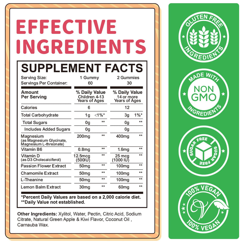 Magnesium Gummies for Kids - Magnesium Glycinate Gummies with L-Theanine, Vitamin B6, D3 for Kids & Adults Sleep, Calm, Relaxation, Brain, Bones, Muscle Relief, Sugar Free Green Apple & Kiwi 60ct 60 Count (Pack of 1)