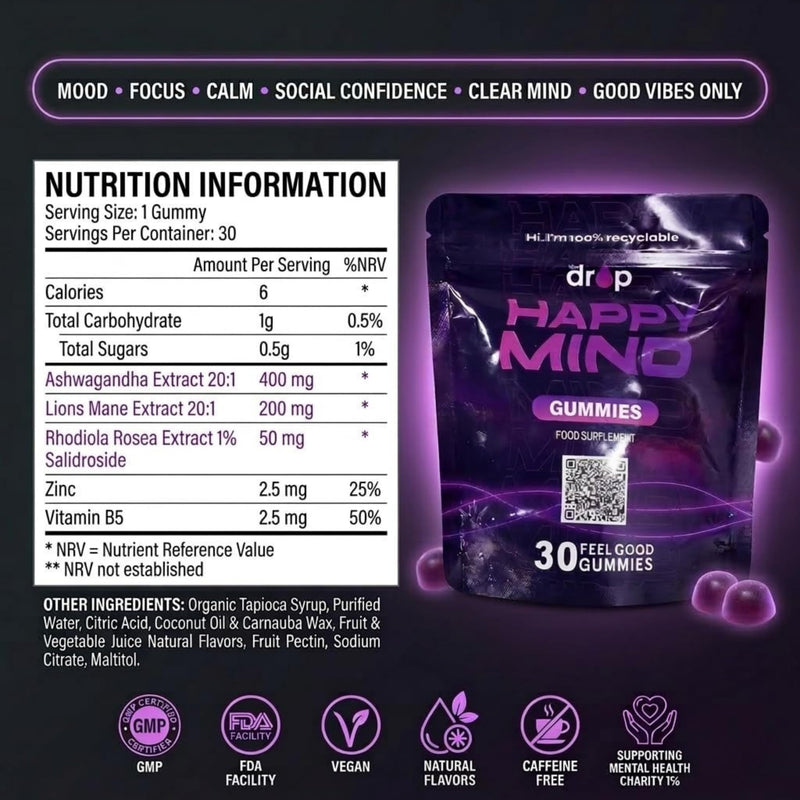 Happy Mind Gummies - Lions Mane & Ashwagandha 5 in 1 Gummies for Stress and Mood Support, Vitamin B5 & Zinc, No Artificial Flavours - Focus - Helps with Cortisol & Anxiety