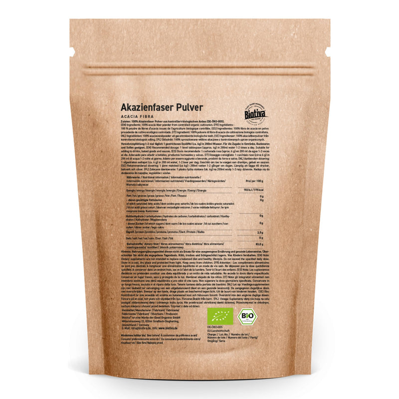 Acacia Fibre Powder Organic 400 g - Soluble Fibre - 80% Fibre Content - Neutral in Taste - Vegan - Packed and Certified in Germany - Biotiva