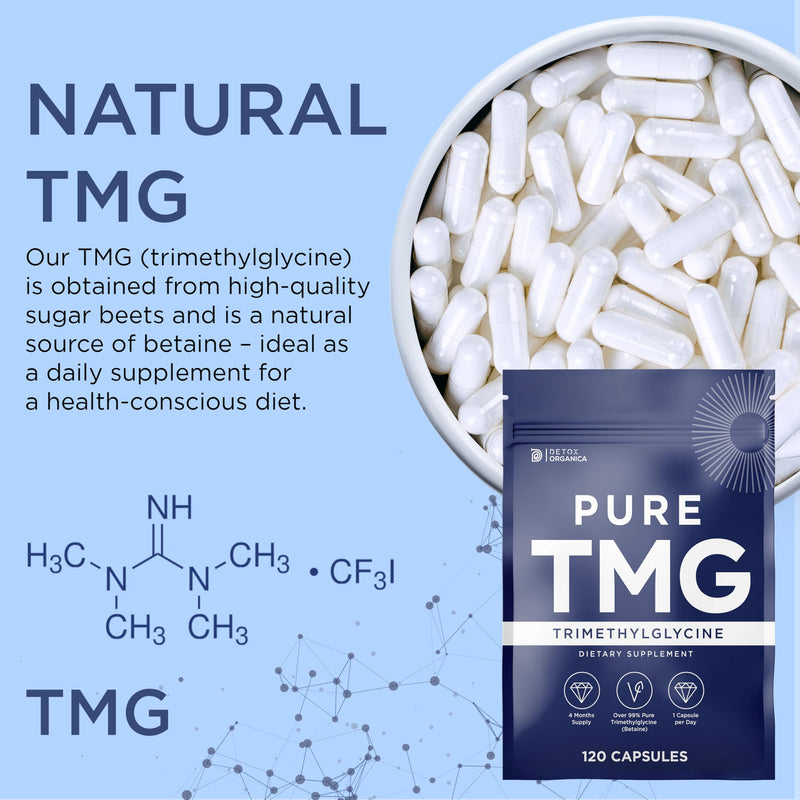 Detox Organica TMG Supplement 750 mg - 120 Capsules - 99% Pure Trimethylglycine (Betaine) - Supports DNA Methylation, Liver & Heart Health - Food Supplement - Vegan, Non-GMO