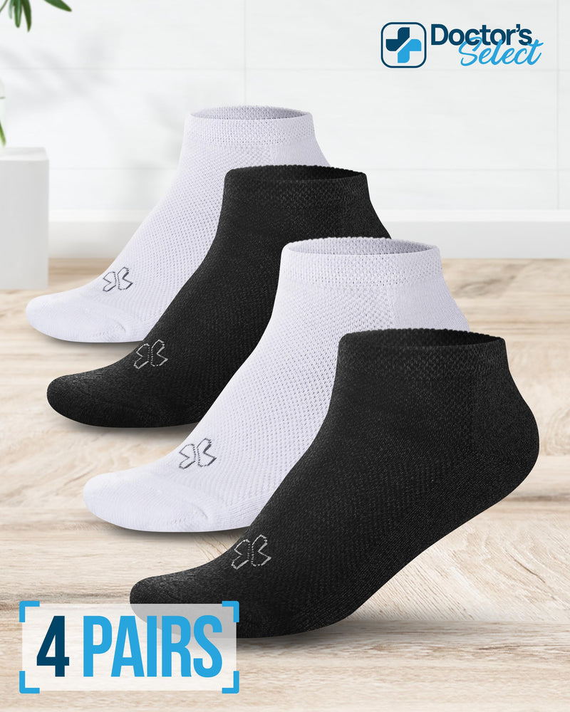 [Australia] - Doctor's Select Bamboo Viscose Ankle Diabetic Socks for Women & Men - 4 Pairs | Low Cut Moisture-Wicking Loose Fit Socks Large 2 Black, 2 White 