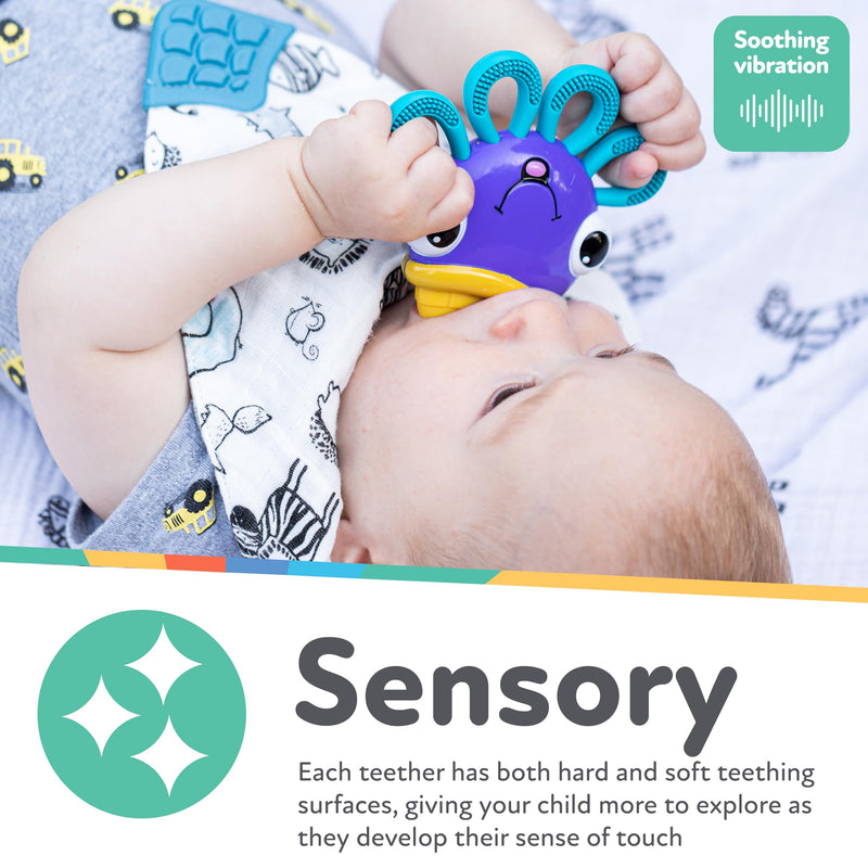 [Australia] - Nuby Vibe-eez Vibrating Teether - Battery Powered - Textured Surface and Easy to Grasp Toy for Baby Teething Relief - 3+ Months - Octopus 