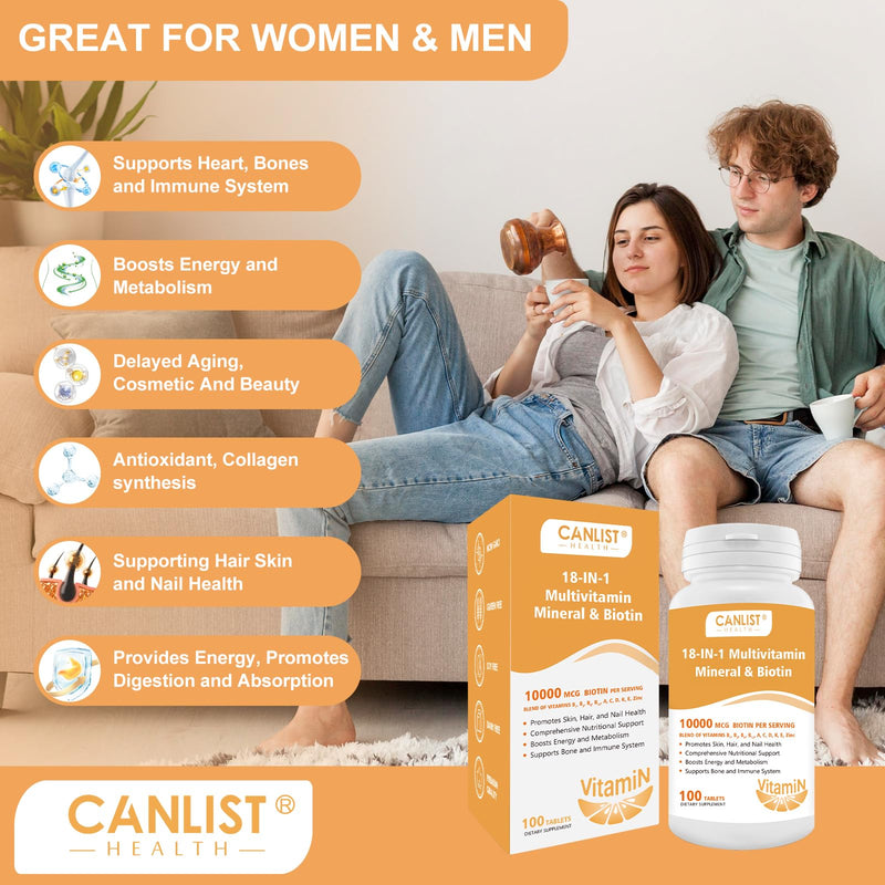 CANLIST Hair Skin and Nails Multi-Vitamin for Men & Women, 10000mcg Biotin & Multimineral, Contains B-Vitamins, Vitamins C, E & D3, Trace Minerals, Zinc, Gluten-Free, Dairy-Free, Soy-Free, 100 Tablets
