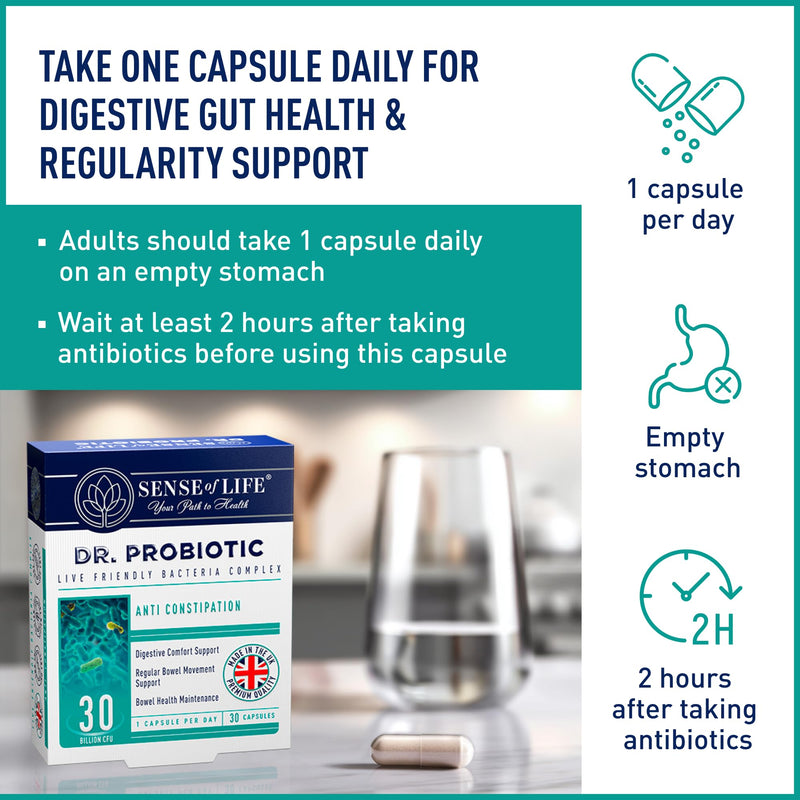 Sense of Life Dr. Probiotic Complex for Regularity Support, 30 Capsules – 30 Billion CFU – Probiotics & Prebiotics – Supports Digestive Gut Health & Regularity