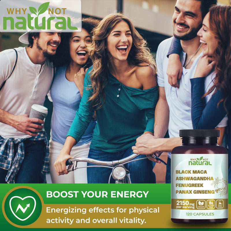 [Australia] - Why Not Natural 4-in-1 Organic Black Maca Root, Ashwagandha, Fenugreek, Panax Ginseng Capsules, Supplement for Men and Women (120 Count (Pack of 1) 120 Count (Pack of 1) 