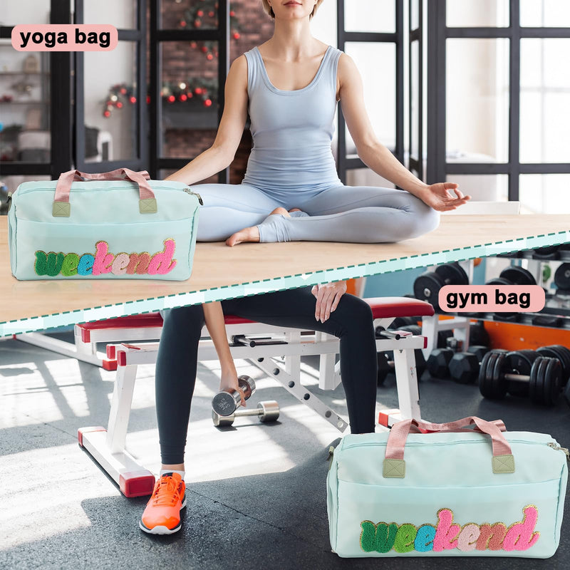 Shinylin 2 Pcs Weekender Bags for Women Sleepover Overnight Bag with Shoe Compartment Green Pink Chenille Letter Travel Duffle Bag for Girls Travel Gym Hospital