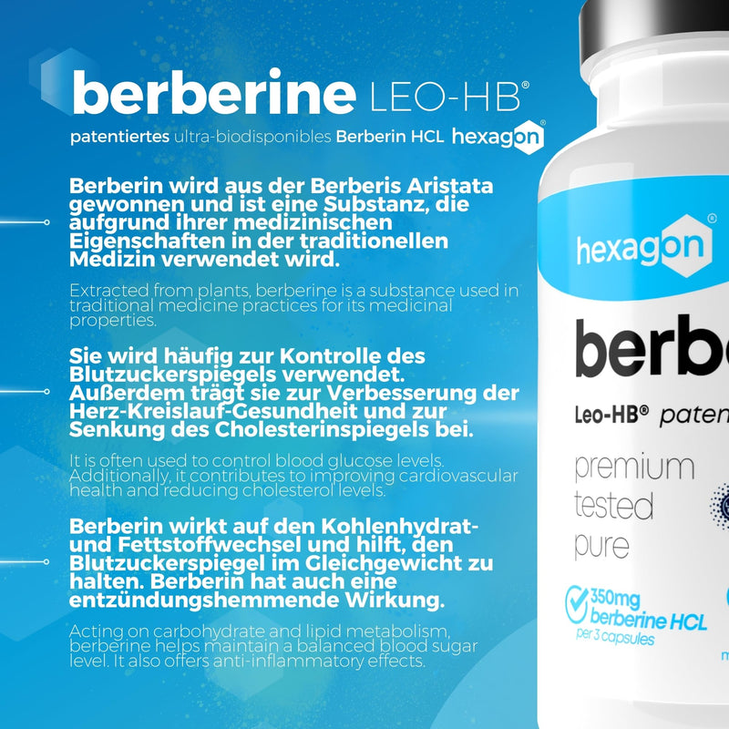 [Australia] - BERBERINE - LEO-HB® Patented, 4x higher bioavailability - Up to 3 months treatment - Berberine HCL - Berberis Aristata - Metabolism & Blood Sugar - Made in France - 90 capsules - Hexagon 
