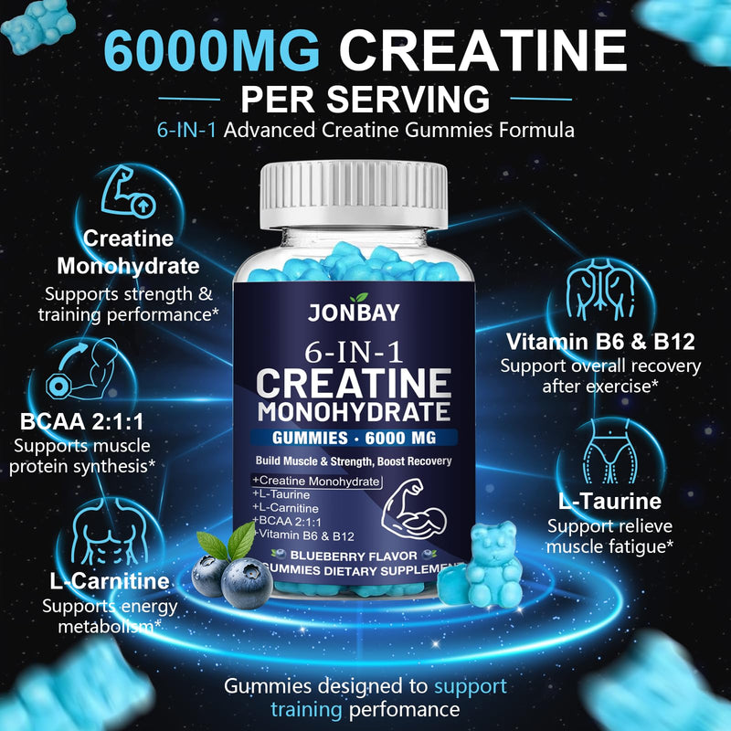 Creatine Gummies 6000mg, Creatine Monohydrate Powder & Tablets Alternative, Pre/Post Gym Workout Support for Muscle Strength & Recvovery, with BCAAs & L-Theanine, Creatine Monohydrate for Adults 90 count (Pack of 1)