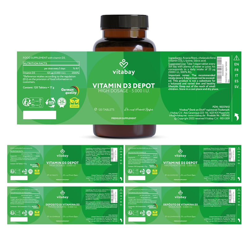 Vitabay Vitamin D3 5,000 IU - 120 high Dosage and time-Released Vitamin D Tablets - Vegan and Laboratory Tested 17 g (Pack of 1) D3 5.000